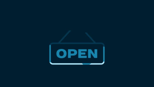 White Hanging Sign Text Open Door Icon Isolated Blue Background — Vídeo de stock