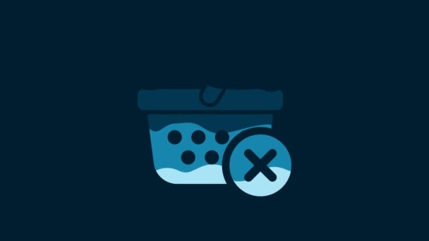 白色移除蓝底隔离的购物篮图标 网上购物的概念 送货服务标志 超级市场篮筐和X标记 4K视频运动图形动画 — 图库视频影像