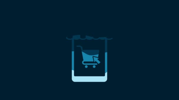白い携帯電話と青の背景に隔離されたストライプの輝くアイコンを持つショッピングカート オンライン購入記号 スーパーマーケットバスケットのシンボル 4Kビデオモーショングラフィックアニメーション — ストック動画