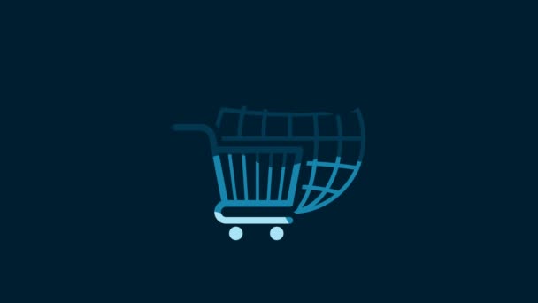 White Shopping Cart Globe Icon Isolated Blue Background Online Buying — Vídeo de Stock
