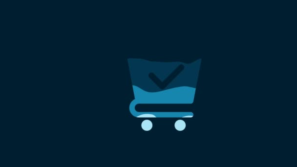 White Shopping Cart Check Mark Icon Isolated Blue Background Supermarket — Vídeo de stock