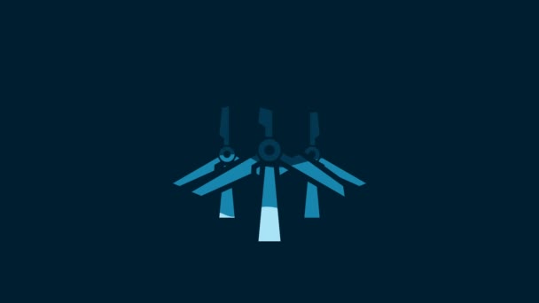 白い風力タービンアイコンは青の背景に隔離されています 風力発電機の標識 風車のシルエット 発電用風車 4Kビデオモーショングラフィックアニメーション — ストック動画