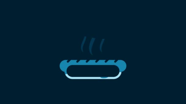 青の背景にマスタードアイコンが隔離された白いホットドッグのサンドイッチ ソーセージのアイコン ファーストフードの看板 4Kビデオモーショングラフィックアニメーション — ストック動画