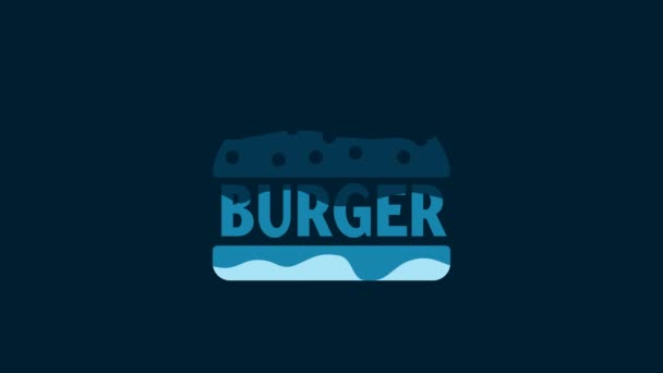 白のバーガーアイコンは青の背景に孤立しています ハンバーガーのアイコン チーズバーガーのサンドイッチの看板 4Kビデオモーショングラフィックアニメーション — ストック動画