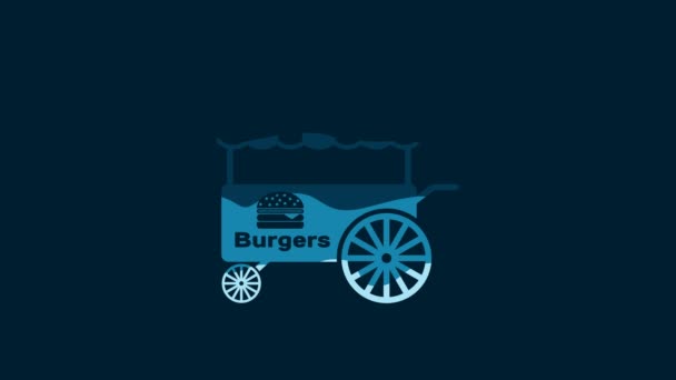 青の背景にアイコンを輝くとホワイトファストストリートフードカート バーガーやハンバーガーのアイコン 都市のキオスク 4Kビデオモーショングラフィックアニメーション — ストック動画