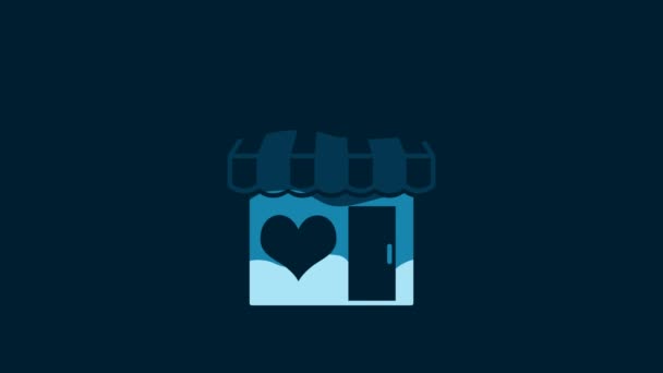 白色的性商店建筑 带有带条纹的遮阳篷图标 蓝色背景隔离 性商店 网上性商店 成人色情产品的概念 4K视频运动图形动画 — 图库视频影像