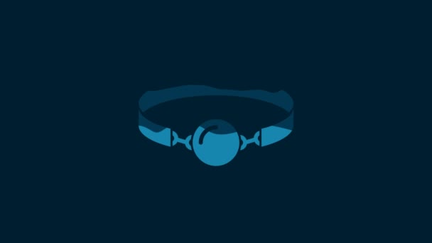 革ベルトのアイコンがブルーの背景に隔離されたホワイトシリコーンボールギャグ フェチアクセサリー 男性と女性のためのセックスおもちゃ 4Kビデオモーショングラフィックアニメーション — ストック動画