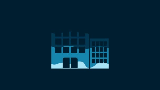 ホワイトホテルの建物のアイコンの青の背景に隔離された 4Kビデオモーショングラフィックアニメーション — ストック動画