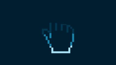 White Pixel hand cursor icon isolated on blue background. Pointer hand cursor. 4K Video motion graphic animation.