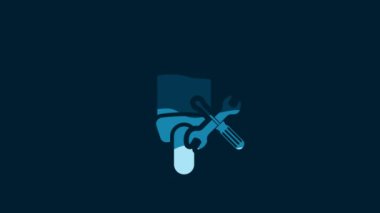 White Scooter with screwdriver and wrench icon isolated on blue background. Adjusting, service, setting, maintenance, repair, fixing. 4K Video motion graphic animation.
