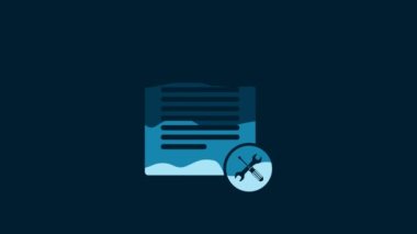 White File document with screwdriver and wrench icon isolated on blue background. Adjusting, service, setting, maintenance, repair, fixing. 4K Video motion graphic animation.