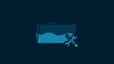 White Folder with screwdriver and wrench icon isolated on blue background. Adjusting, service, setting, maintenance, repair, fixing. 4K Video motion graphic animation.