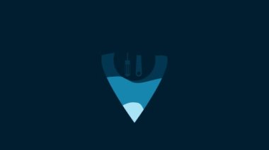 White Location with crossed screwdriver and wrench tools icon isolated on blue background. Pointer settings symbol. 4K Video motion graphic animation.