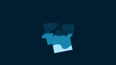 White Human head with with screwdriver and wrench icon isolated on blue background. Artificial intelligence. Symbol work of brain. 4K Video motion graphic animation.
