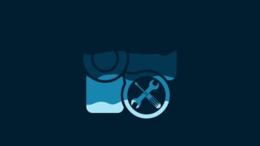 White Video camera with screwdriver and wrench icon isolated on blue background. Adjusting, service, setting, maintenance, repair, fixing. 4K Video motion graphic animation.