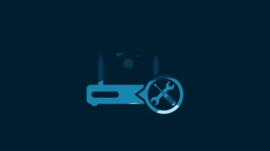 White Router wi-fi with screwdriver and wrench icon isolated on blue background. Adjusting, service, setting, maintenance, repair, fixing. 4K Video motion graphic animation.