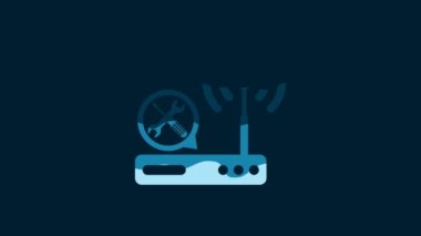 White Router wi-fi with screwdriver and wrench icon isolated on blue background. Adjusting, service, setting, maintenance, repair, fixing. 4K Video motion graphic animation.