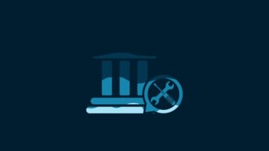 White Bank building with screwdriver and wrench icon isolated on blue background. Adjusting, service, setting, maintenance, repair, fixing. 4K Video motion graphic animation.