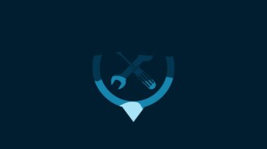 White Location with crossed screwdriver and wrench tools icon isolated on blue background. Pointer settings symbol. 4K Video motion graphic animation.