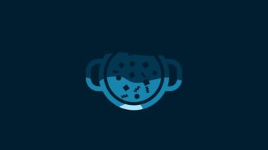 White Cooking soup in pot icon isolated on blue background. Boil or stew food symbol. 4K Video motion graphic animation.