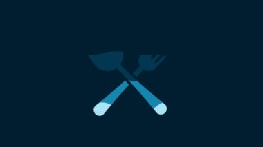 White Crossed fork and spoon icon isolated on blue background. Cooking utensil. Cutlery sign. 4K Video motion graphic animation.