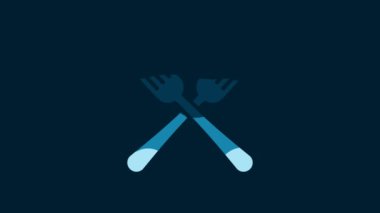 White Crossed fork icon isolated on blue background. Cutlery symbol. 4K Video motion graphic animation.