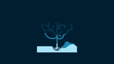 White Planting a tree in the ground icon isolated on blue background. Gardening, agriculture, caring for environment. 4K Video motion graphic animation.