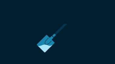 White Garden shovel icon isolated on blue background. Gardening tool. Tool for horticulture, agriculture, farming. 4K Video motion graphic animation.