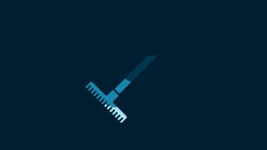 White Garden rake icon isolated on blue background. Tool for horticulture, agriculture, farming. Ground cultivator. Housekeeping equipment. 4K Video motion graphic animation.
