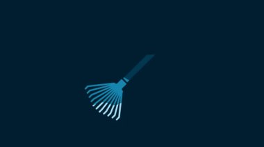 White Garden rake for leaves icon isolated on blue background. Tool for horticulture, agriculture, farming. Ground cultivator. 4K Video motion graphic animation.