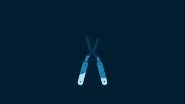 White Gardening handmade scissors for trimming icon isolated on blue background. Pruning shears with wooden handles. 4K Video motion graphic animation.