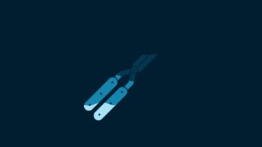 White Gardening handmade scissors for trimming icon isolated on blue background. Pruning shears with wooden handles. 4K Video motion graphic animation.