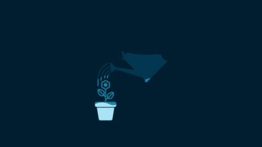 White Watering can sprays water drops above flower in pot icon isolated on blue background. Irrigation symbol. 4K Video motion graphic animation.