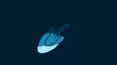 White Garden trowel spade or shovel icon isolated on blue background. Gardening tool. Tool for horticulture, agriculture, farming. 4K Video motion graphic animation.