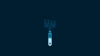 White Garden fork icon isolated on blue background. Pitchfork icon. Tool for horticulture, agriculture, farming. 4K Video motion graphic animation.