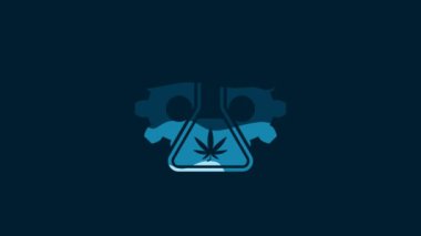 White Chemical test tube with marijuana or cannabis leaf icon isolated on blue background. Research concept. Laboratory CBD oil concept. 4K Video motion graphic animation.