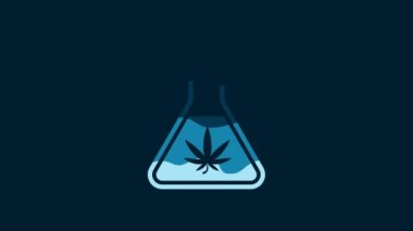 White Chemical test tube with marijuana or cannabis leaf icon isolated on blue background. Research concept. Laboratory CBD oil concept. 4K Video motion graphic animation.