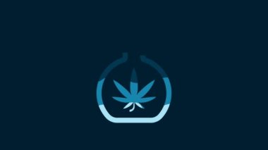 White Chemical test tube with marijuana or cannabis leaf icon isolated on blue background. Research concept. Laboratory CBD oil concept. 4K Video motion graphic animation.