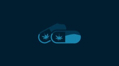 White Medical pills with marijuana or cannabis leaf icon isolated on blue background. Mock up of cannabis oil extracts in jars. 4K Video motion graphic animation.