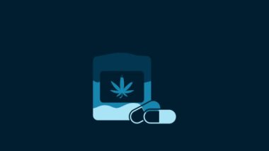 White Medical bottle with marijuana or cannabis leaf icon isolated on blue background. Mock up of cannabis oil extracts in jars. 4K Video motion graphic animation.