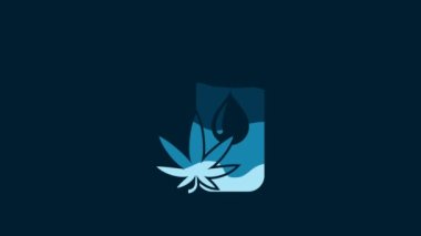 White Medical marijuana or cannabis leaf olive oil drop icon isolated on blue background. Cannabis extract. Hemp symbol. 4K Video motion graphic animation.