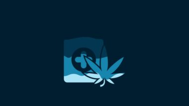 White Medical bottle with marijuana or cannabis leaf icon isolated on blue background. Mock up of cannabis oil extracts in jars. 4K Video motion graphic animation.