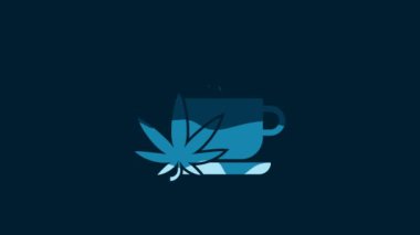 White Cup tea with marijuana or cannabis leaf icon isolated on blue background. Marijuana legalization. Hemp symbol. 4K Video motion graphic animation.