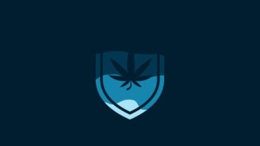 White Shield and marijuana or cannabis leaf icon isolated on blue background. Marijuana legalization. Hemp symbol. 4K Video motion graphic animation.