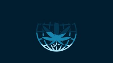 White Legalize marijuana or cannabis globe symbol icon isolated on blue background. Hemp symbol. 4K Video motion graphic animation.