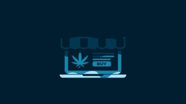 White Laptop and medical marijuana or cannabis leaf icon isolated on blue background. Online buying symbol. Supermarket basket. 4K Video motion graphic animation.