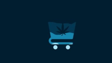 White Shopping cart with marijuana or cannabis leaf icon isolated on blue background. Online buying. Delivery service. Supermarket basket. 4K Video motion graphic animation.