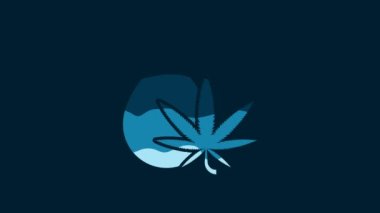White Medical marijuana or cannabis leaf olive oil drop icon isolated on blue background. Cannabis extract. Hemp symbol. 4K Video motion graphic animation.