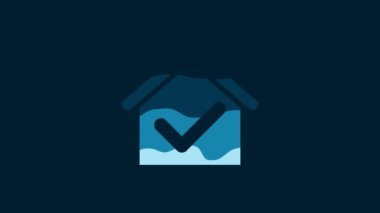 White House with check mark icon isolated on blue background. Real estate agency or cottage town elite class. 4K Video motion graphic animation.