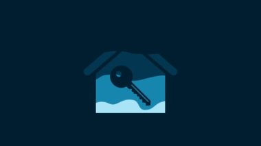 White House with key icon isolated on blue background. The concept of the house turnkey. 4K Video motion graphic animation.